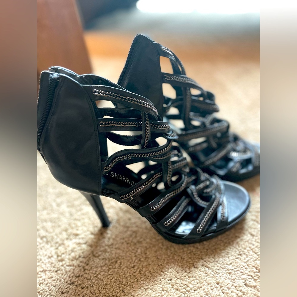 Black leather strap high heel sandals